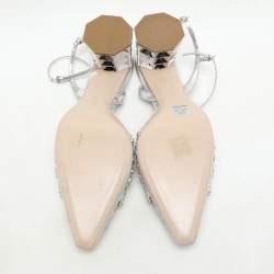 Miu Miu Silver/Grey Leather And Satin Crystal Embellished Block Heel Sandals Size 41