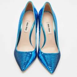 Miu Miu Blue Sequin Embellished Pointed Toe Pumps Size 37.5