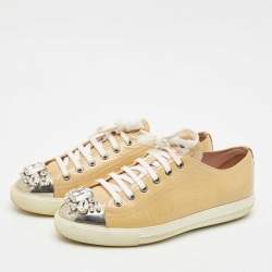 Miu Miu Beige Patent Leather Crystal Embellished Cap Toe Sneakers Size 39.5