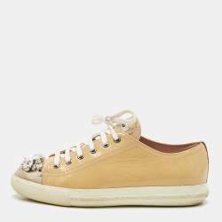 Miu Miu Beige Patent Leather Crystal Embellished Cap Toe Sneakers Size 39.5