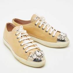 Miu Miu Beige Patent Leather Crystal Embellished Cap Toe Sneakers Size 39.5