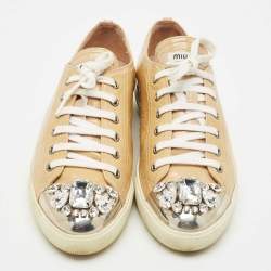 Miu Miu Beige Patent Leather Crystal Embellished Cap Toe Sneakers Size 39.5