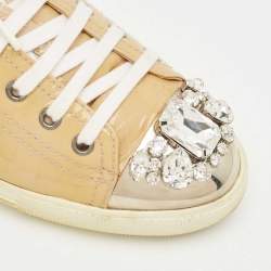 Miu Miu Beige Patent Leather Crystal Embellished Cap Toe Sneakers Size 39.5