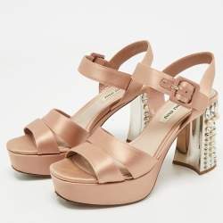 Pre Owned Miu Miu Pink Satin Crystal Embellished Heel Platform Sandals Size 35