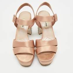 Pre Owned Miu Miu Pink Satin Crystal Embellished Heel Platform Sandals Size 35