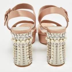 Pre Owned Miu Miu Pink Satin Crystal Embellished Heel Platform Sandals Size 35