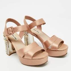 Pre Owned Miu Miu Pink Satin Crystal Embellished Heel Platform Sandals Size 35