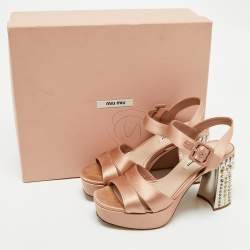 Pre Owned Miu Miu Pink Satin Crystal Embellished Heel Platform Sandals Size 35