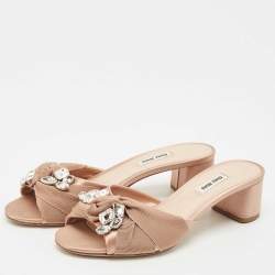 Miu Miu Beige Satin Crystals Knot Slide Sandals Size 39.5