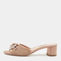 Miu Miu Beige Satin Crystals Knot Slide Sandals Size 39.5