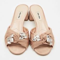 Miu Miu Beige Satin Crystals Knot Slide Sandals Size 39.5