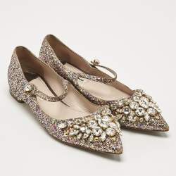 Miu Miu Multicolor Glitter Mary Jane Crystals Ballet Flats Size 37.5