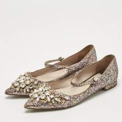 Miu Miu Multicolor Glitter Mary Jane Crystals Ballet Flats Size 37.5