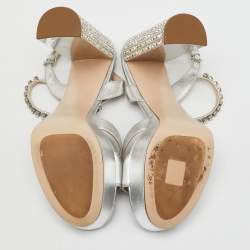 Miu Miu Silver Leather Crystal Embellished Ankle Strap Platform Sandals Size 40