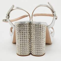 Miu Miu Silver Leather Crystal Embellished Ankle Strap Platform Sandals Size 40