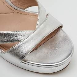 Miu Miu Silver Leather Crystal Embellished Ankle Strap Platform Sandals Size 40