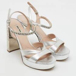 Miu Miu Silver Leather Crystal Embellished Ankle Strap Platform Sandals Size 40