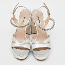 Miu Miu Silver Leather Crystal Embellished Ankle Strap Platform Sandals Size 40