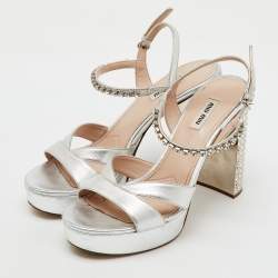 Miu Miu Silver Leather Crystal Embellished Ankle Strap Platform Sandals Size 40