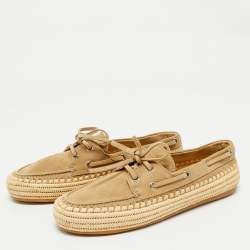 Miu Miu Beige/Green Suede and Raffia Boat Loafers Size 37