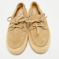 Miu Miu Beige/Green Suede and Raffia Boat Loafers Size 37