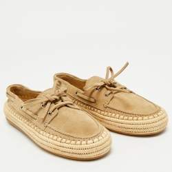 Miu Miu Beige/Green Suede and Raffia Boat Loafers Size 37
