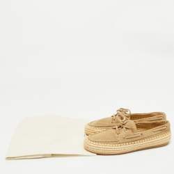Miu Miu Beige/Green Suede and Raffia Boat Loafers Size 37