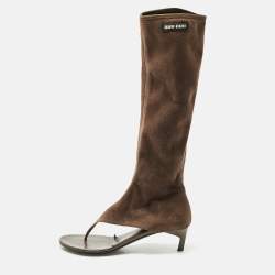 Miu Miu Brown Suede Thong Cut Out  Knee Length Boots Size 37