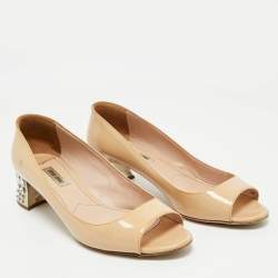 Pre Owned Miu Miu Beige Patent Leather Crystal Embellished Peep Toe Pumps Size 39.5