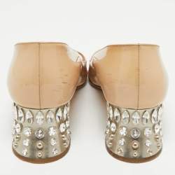 Pre Owned Miu Miu Beige Patent Leather Crystal Embellished Peep Toe Pumps Size 39.5