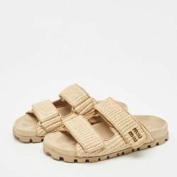 Miu Miu Beige Woven Raffia Effect Flat Slide Sandals Size 37