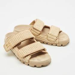 Miu Miu Beige Woven Raffia Effect Flat Slide Sandals Size 37