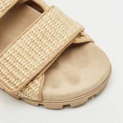Miu Miu Beige Woven Raffia Effect Flat Slide Sandals Size 37