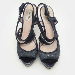Pre Owned Miu Miu Blue Glitter and Velvet Ankle Strap Sandals Size 38.5