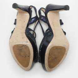 Pre Owned Miu Miu Blue Glitter and Velvet Ankle Strap Sandals Size 38.5