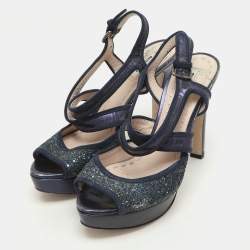 Pre Owned Miu Miu Blue Glitter and Velvet Ankle Strap Sandals Size 38.5