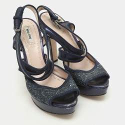 Pre Owned Miu Miu Blue Glitter and Velvet Ankle Strap Sandals Size 38.5
