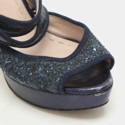 Pre Owned Miu Miu Blue Glitter and Velvet Ankle Strap Sandals Size 38.5