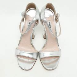 Miu Miu Silver Leather Crystal Embellished Heel Ankle Strap Sandals Size 38