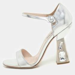Miu Miu Silver Leather Crystal Embellished Heel Ankle Strap Sandals Size 38