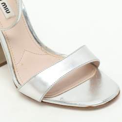 Miu Miu Silver Leather Crystal Embellished Heel Ankle Strap Sandals Size 38