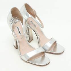 Miu Miu Silver Leather Crystal Embellished Heel Ankle Strap Sandals Size 38