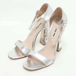 Miu Miu Silver Leather Crystal Embellished Heel Ankle Strap Sandals Size 38
