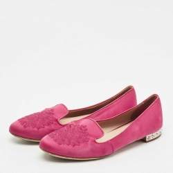 Pre Owned Miu Miu Red Satin Embroidered Velvet Crystal Embellished Smoking Slippers Size 37