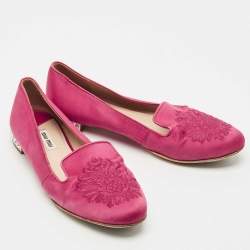 Pre Owned Miu Miu Red Satin Embroidered Velvet Crystal Embellished Smoking Slippers Size 37