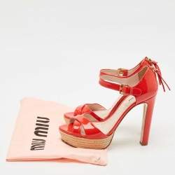 Pre Owned Miu Miu Red Patent Leather Platform Cross  Strap Sandals Size 37
