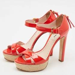 Pre Owned Miu Miu Red Patent Leather Platform Cross  Strap Sandals Size 37