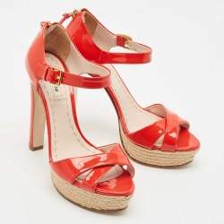 Pre Owned Miu Miu Red Patent Leather Platform Cross  Strap Sandals Size 37