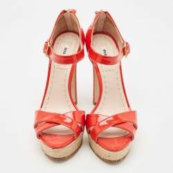 Pre Owned Miu Miu Red Patent Leather Platform Cross  Strap Sandals Size 37