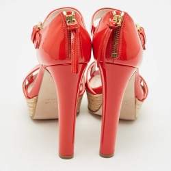 Pre Owned Miu Miu Red Patent Leather Platform Cross  Strap Sandals Size 37